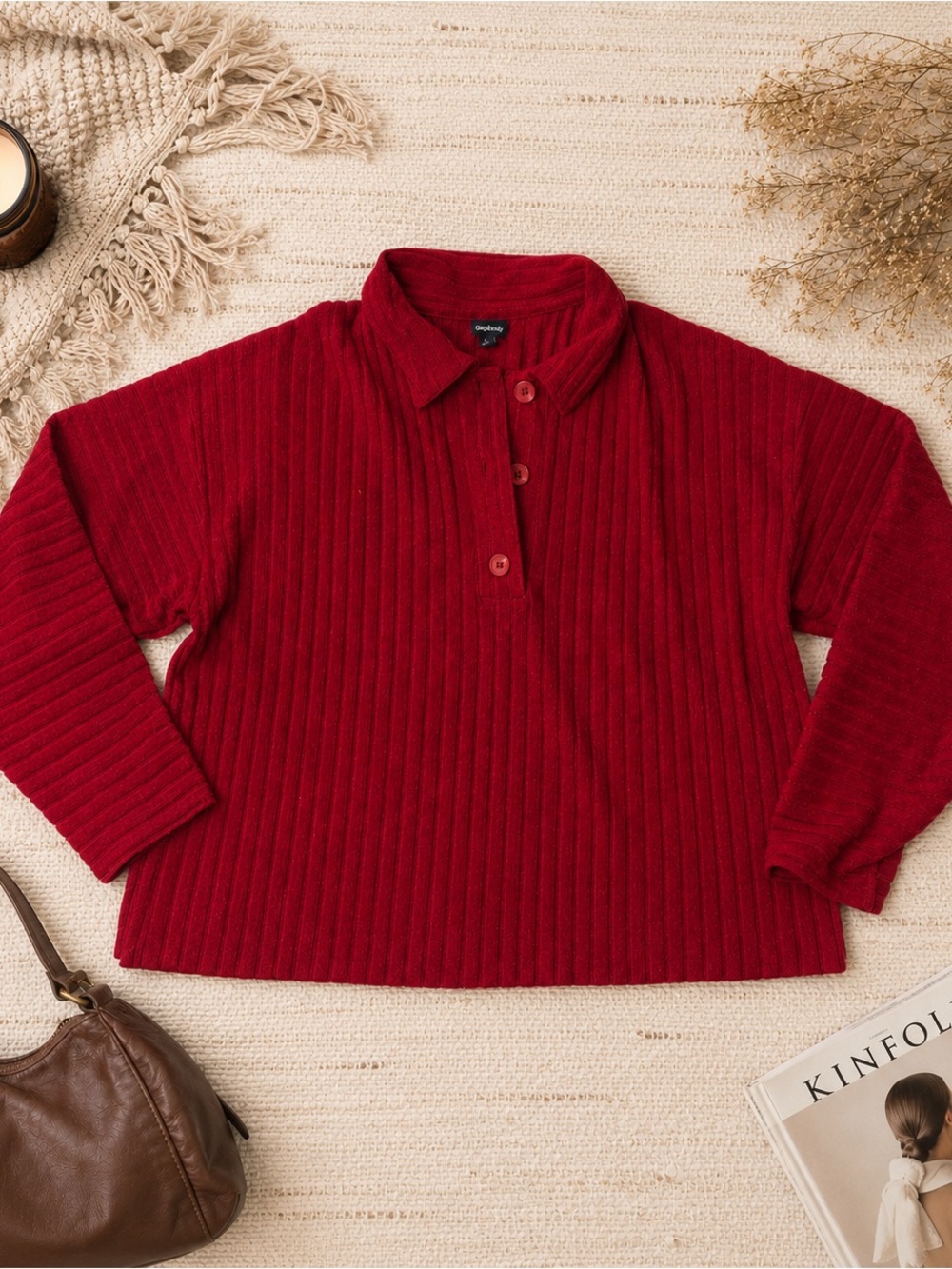 GapBody Red Ribbed Collared Popover Top L